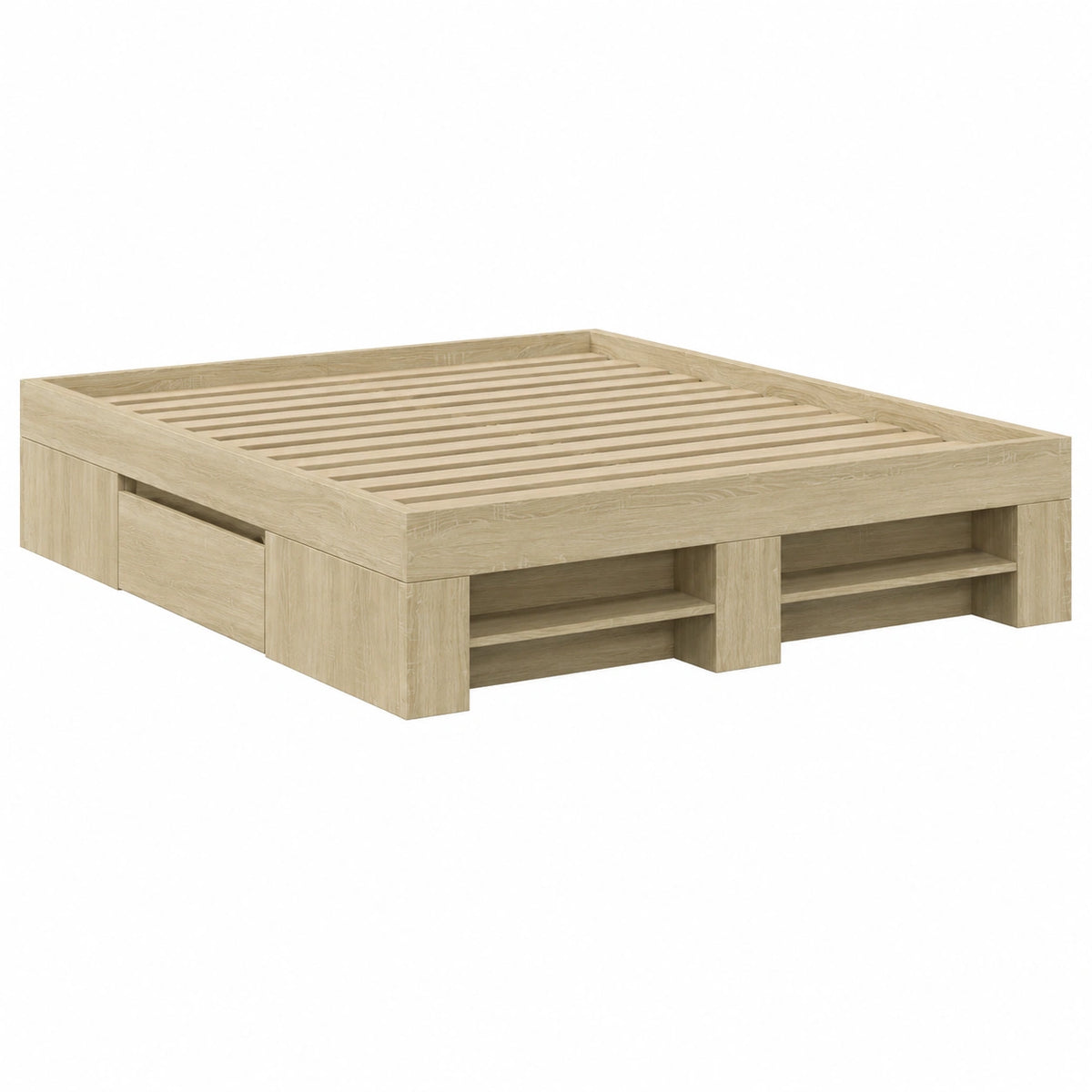 Bettgestell – 140 × 200 cm, mit Stauraum, mit Lattenrost, aus Holzwerkstoff und Eichenholz, Sonoma-Eiche, für Schlafzimmer