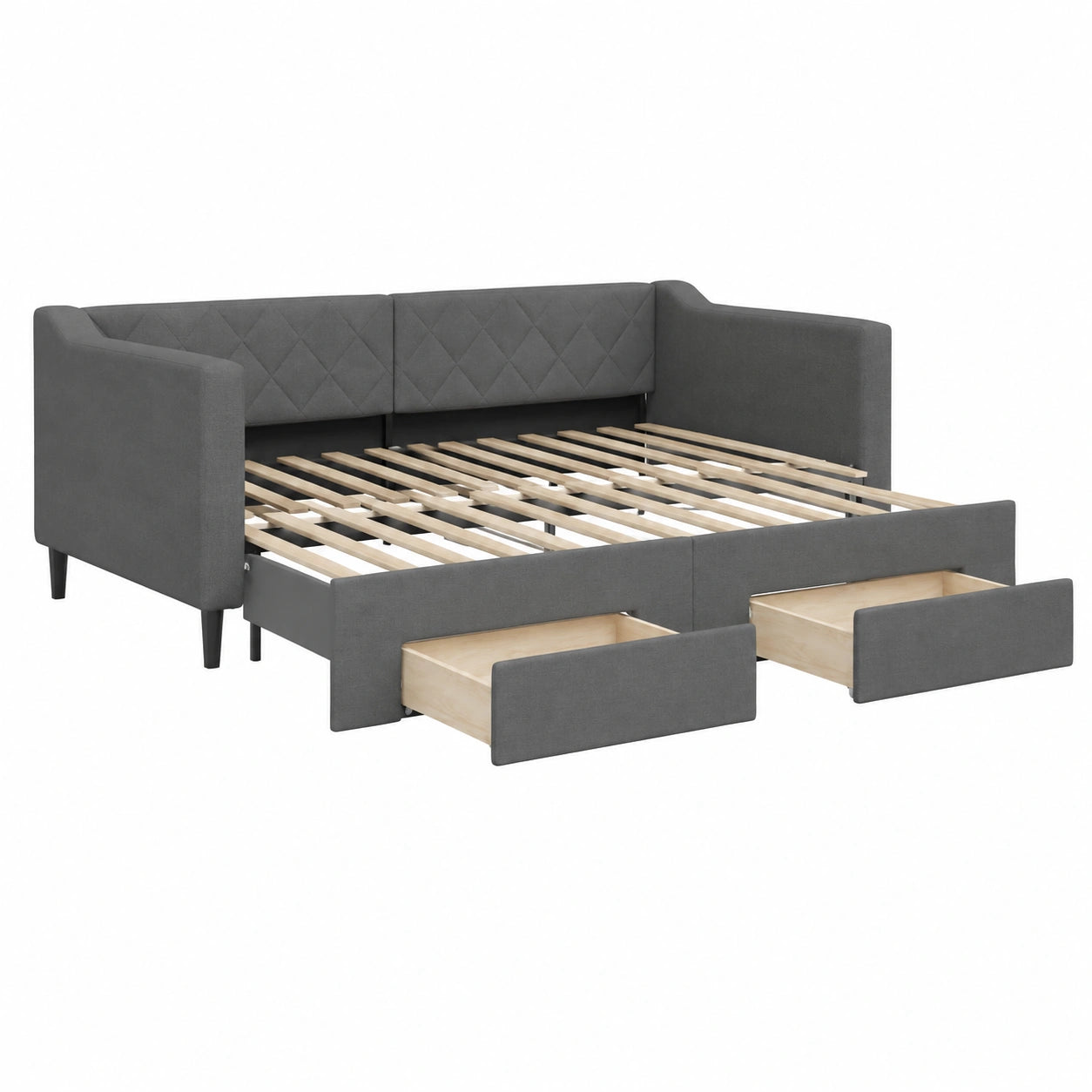 Tagesbett – 100 × 200 cm, ausziehbar, mit Schubladen, aus Stoff, Dunkelgrau, für Wohnzimmer und Schlafzimmer
