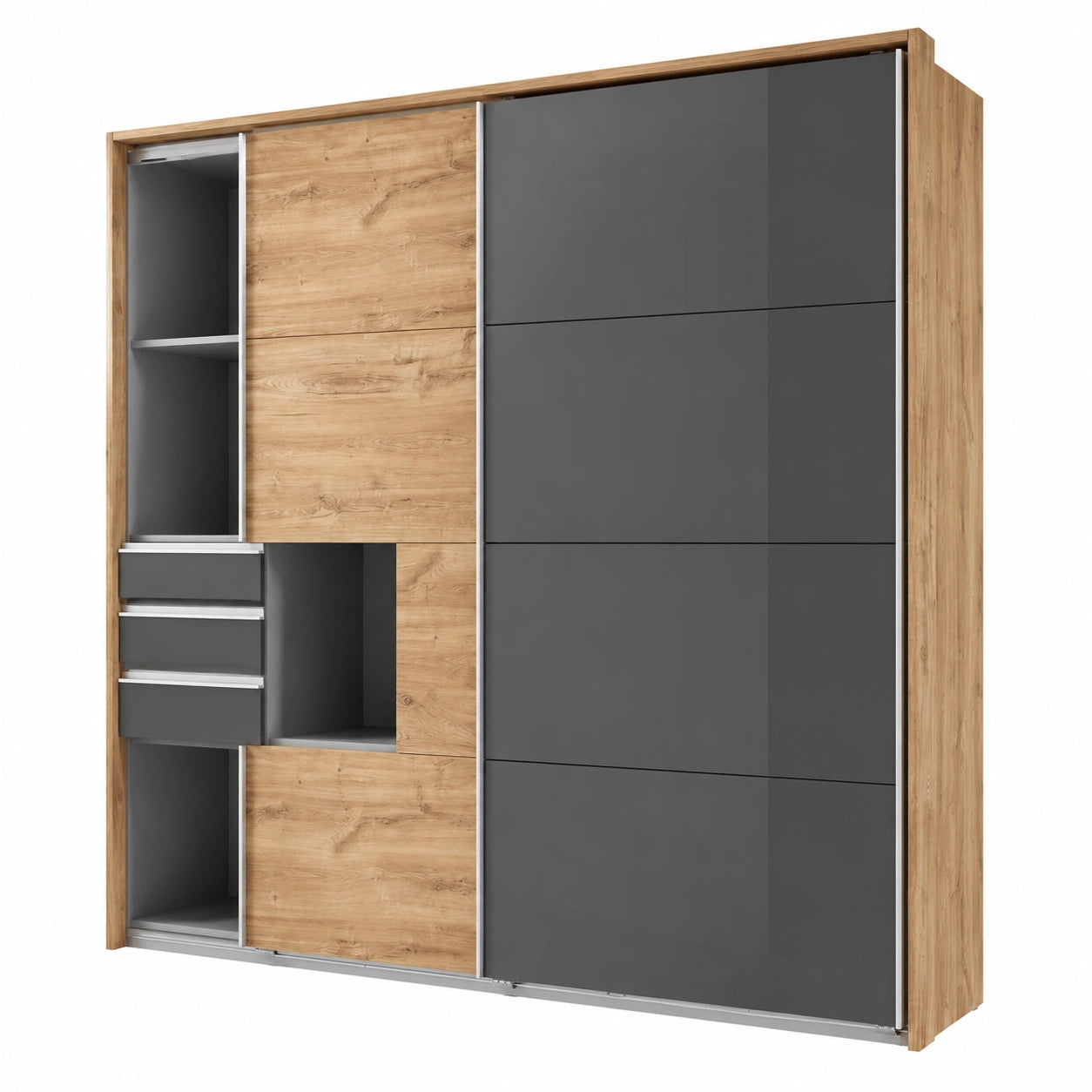 Kleiderschrank – 225 cm, mit mehreren Türen, aus Eichenholz und Glas, für Schlafzimmer