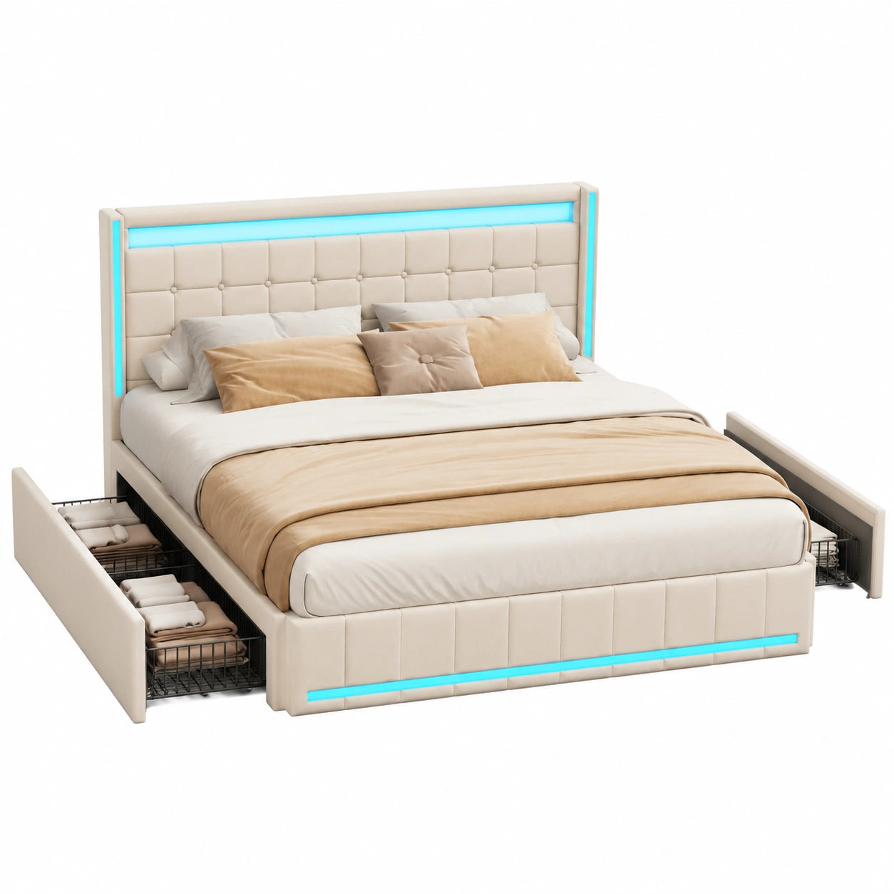 Polsterbett – 140 × 200 cm, gepolstert, mit Stauraum, mit LED-Beleuchtung, mit Schubladen, aus Holz, Beige